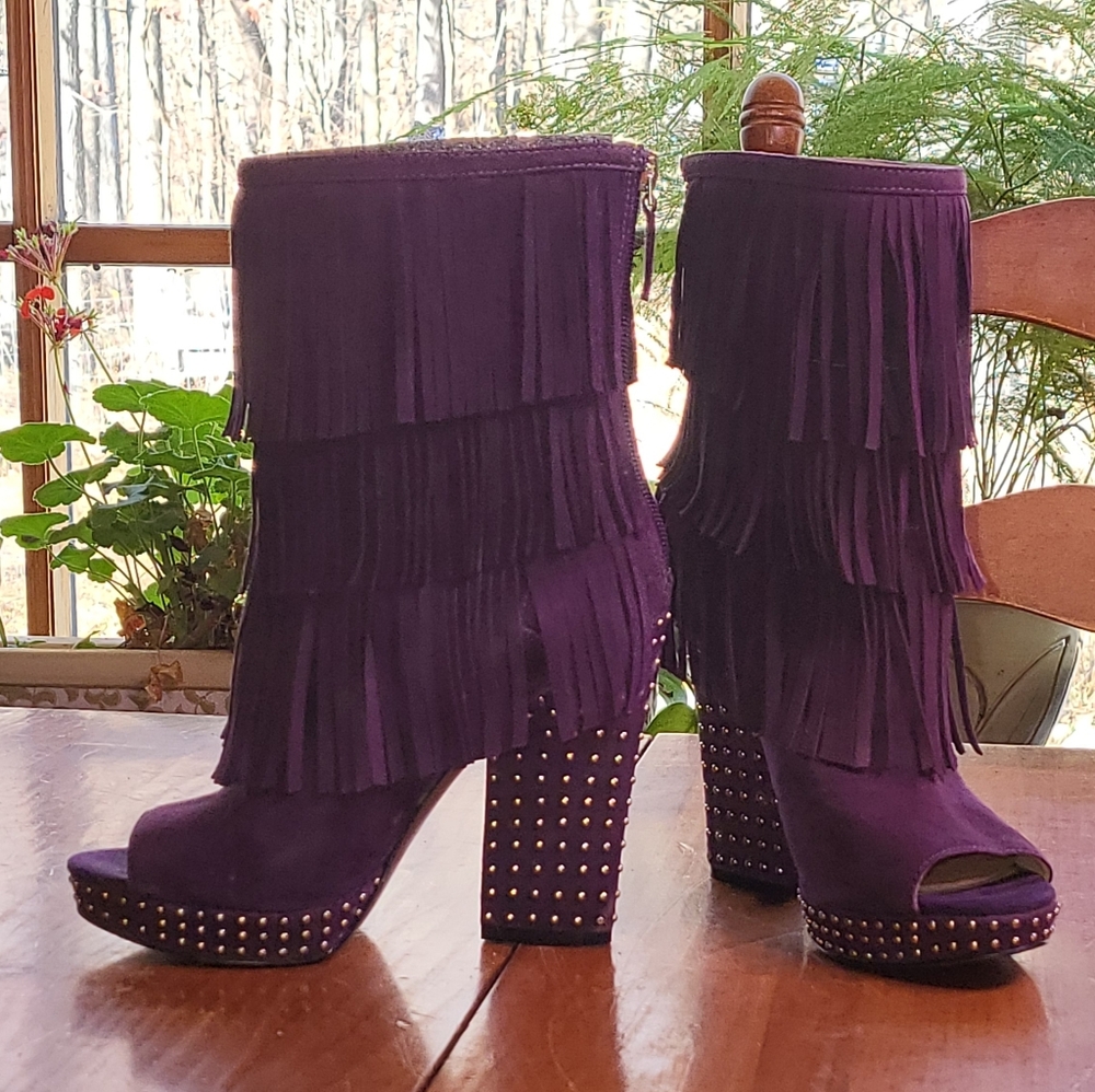 Enzo Angelini Purple Suede Fringe boots Open Toe 6.5